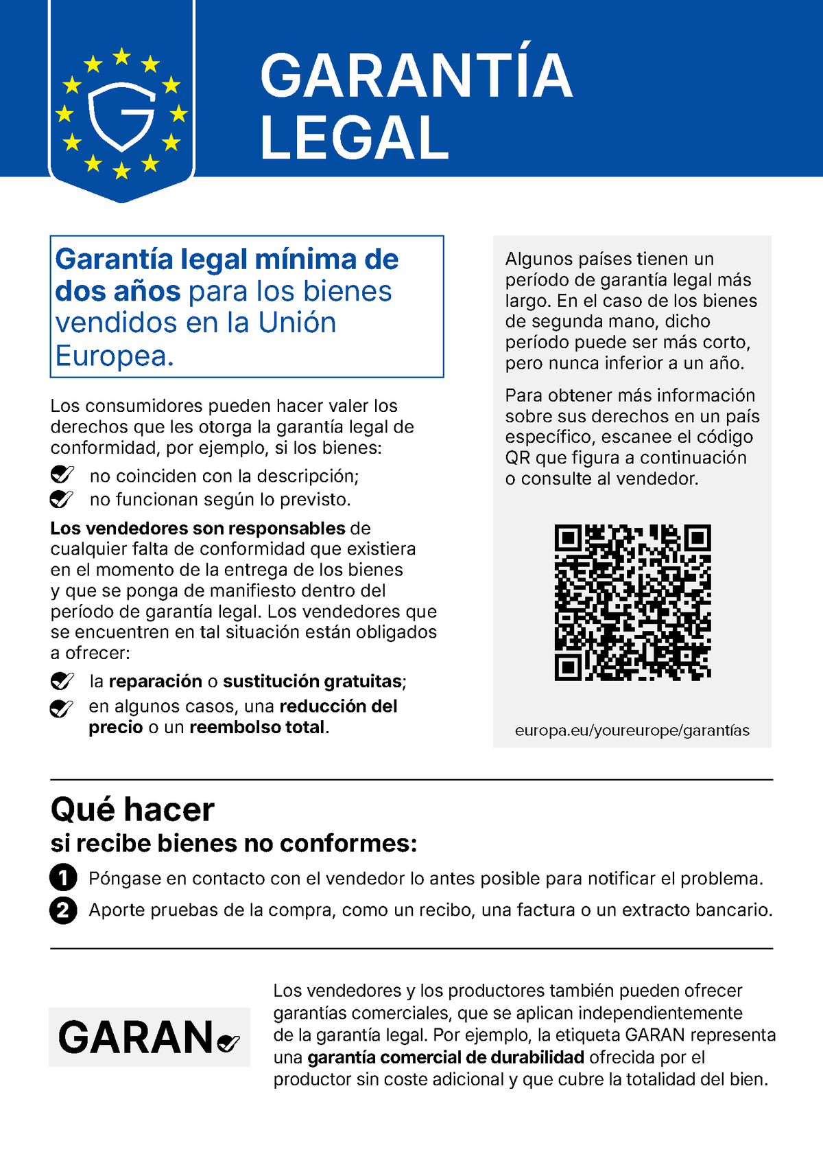 Aviso de garantía legal de la UE: garantía mínima de dos años